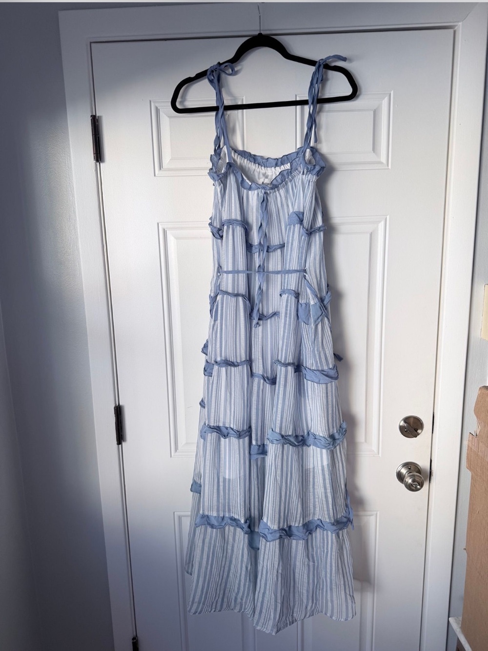 &merci Light Blue Striped Ruffle Tiered Maxi Dress - Medium